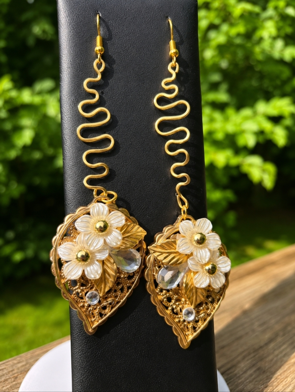 Upcycled Boho Statement Floral Earrings Gold Tone Dangle